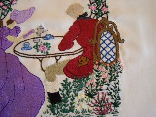 LARGE VINTAGE HAND EMBROIDERED PICTURE PANEL CRINOLINE LADY GENTLEMAN 4