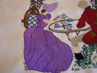 LARGE VINTAGE HAND EMBROIDERED PICTURE PANEL CRINOLINE LADY GENTLEMAN 5
