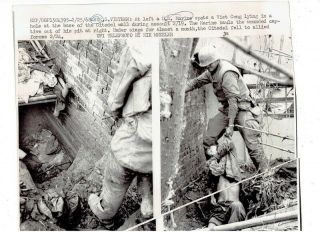 Vietnam War Press Photo - Us Marine Hauls Wounded Viet Cong From Hole - Hue