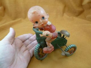 (vin - 1) Vintage Boy On Tricycle Wind Up Toy Litho Print Celluloid Tin