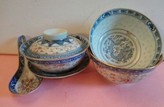 Chinese Porcelain Blue And White Rice Pattern Bowl Set And 2 Other Bowls