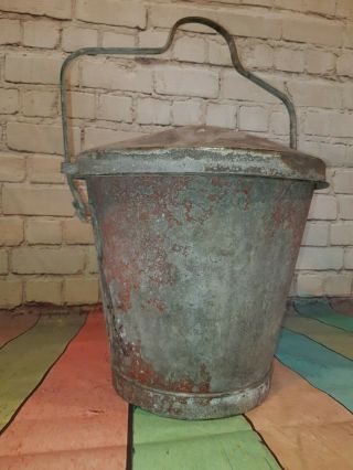 Rare Antique Vintage Galvanised Hanging Fire Bucket With Lid Garden Planter Pot