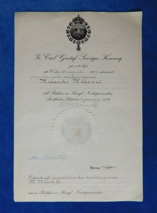 Sweden.  Document For Order Of The Pole Star,  Knight.  Medal