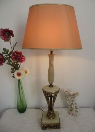 Large Vintage French Marble & Brass Table Lamp With Peach Oval Shade 863