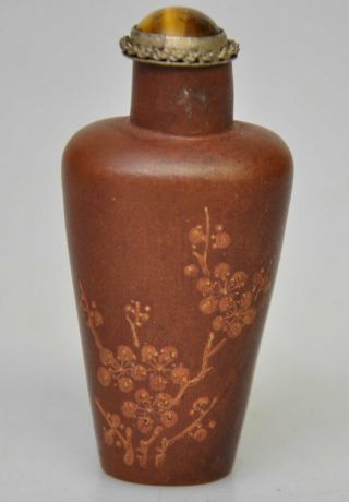 Chinese Red Clay Yixing Snuff Bottle Blossom Decor.  Tiger Eye Lit