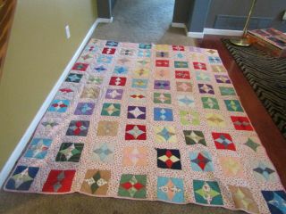 Vintage Quilt 4 Point Star Tiny Print Hand Stitched - Very Pretty
