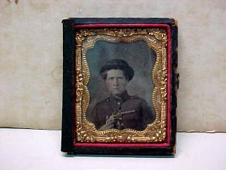 Authentic Old Antique Civil War Photo In Frame - Soldier With Pistol