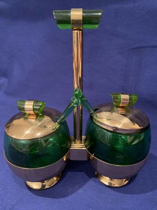 Vtg Art Deco National Silver Co Baketlite Copper Glass Emerald Glo Condiment Set