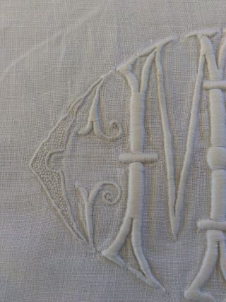 VINTAGE FRENCH FINE LINEN MARRIAGE SHEET WITH EMBROIDERED INITIALS MB 2