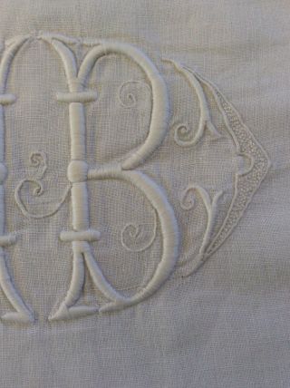 VINTAGE FRENCH FINE LINEN MARRIAGE SHEET WITH EMBROIDERED INITIALS MB 3