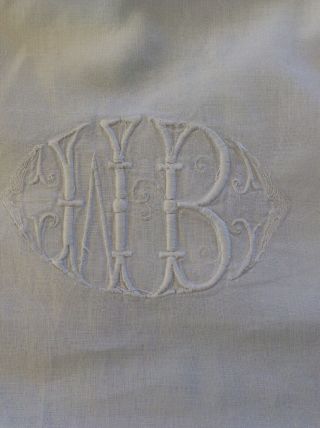 VINTAGE FRENCH FINE LINEN MARRIAGE SHEET WITH EMBROIDERED INITIALS MB 4