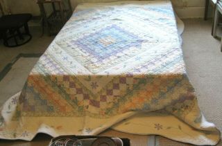 Vintage Hand Quilted Quilt Cotton Batting Queen Size Blue Fabric Back 90 " X 100 "