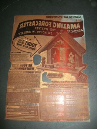 Vintage Copper Advertising Printing Plate Swiss Cuckoo Clock Advertising