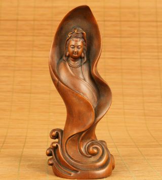 Chinese Old Boxwood Hand Carved Guanyin Buddha Statue Noble Table Decoration
