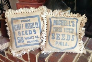 Primitive Vintage Seeds Grain Feed Sack Pillows With Fringe Phila.