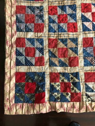 Vtg Antique Handmade Quilt 65x73 Primitive 1800’s 19th Century Red White Blue