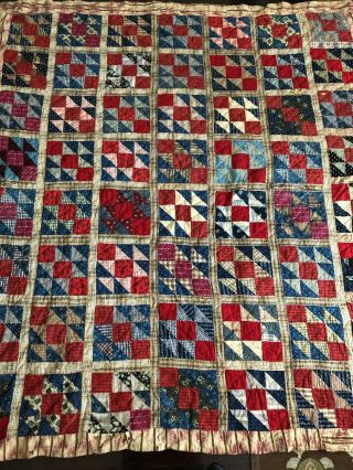 VTG ANTIQUE HANDMADE QUILT 65x73 PRIMITIVE 1800’s 19th CENTURY RED WHITE BLUE 2