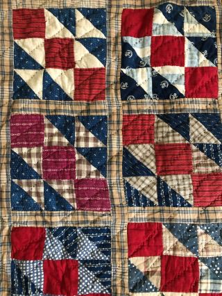 VTG ANTIQUE HANDMADE QUILT 65x73 PRIMITIVE 1800’s 19th CENTURY RED WHITE BLUE 5