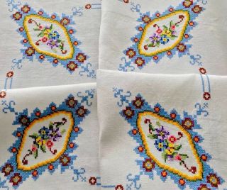 Vintage Hand Embroidered Off White Linen Tablecloth 37x38 Inches