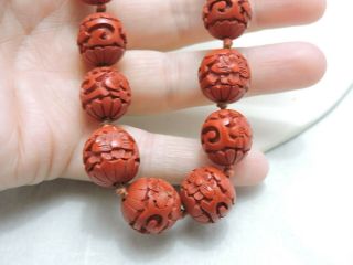 Antique Chinese Carved Cinnabar Hand Knotted Bead 24” Necklace Gold filled 14mm 2