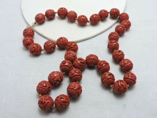 Antique Chinese Carved Cinnabar Hand Knotted Bead 24” Necklace Gold filled 14mm 3