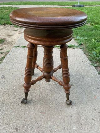 Antique Vintage Piano/organ Turning Stool With Brass & Glass Claw Feet