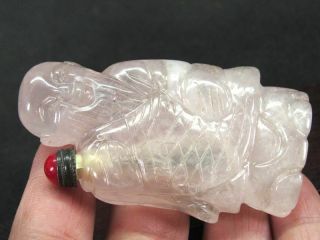 Chinese Elder Fish Carved Natural Pink Quartz Crystal Snuff Bottle 2