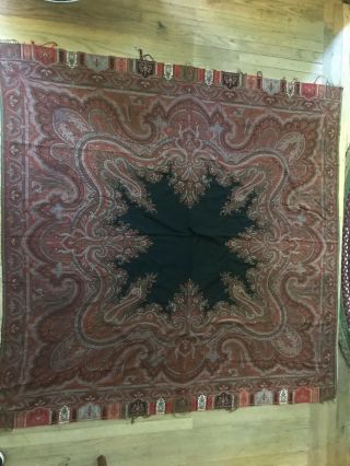 Large 19th C Wool Paisley Long Shawl Antique Victorian