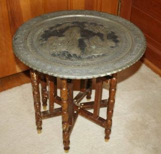 Vintage Antique Barley Twist Folding Table Round Brass Tea Serving Tray Asian Th