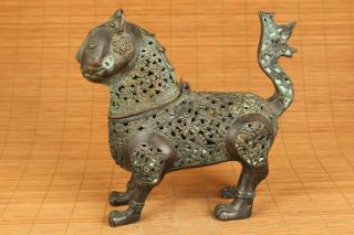 Big Bronze Hand Carving Cat Incense Burner Figure Statue Table Decoration