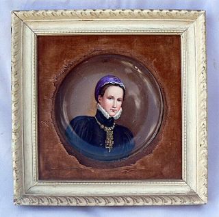 Antique Portrait Painting On Porcelain,  Woman With Large Gold Jeweled Necklace