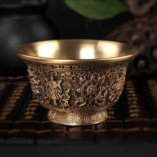 Tibet Buddhism Offering Water Bowl Cup Copper Eight Auspicious Symbols