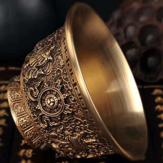 Tibet Buddhism Offering Water Bowl cup Copper Eight Auspicious Symbols 3