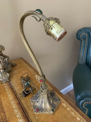 Antique Art Nouveau Czech Filigree Jeweled Desk Lamp Petite