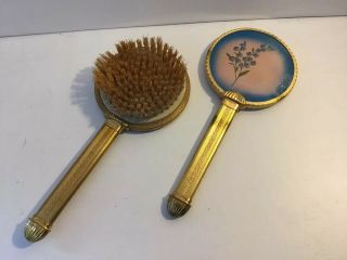 Vintage Mirror & Brush Set Vanity Set Blue With Gold Tone