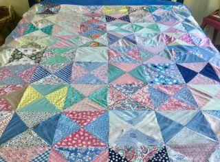 Vintage “utility Quilt” Patchworked From Dress Fabrics And Tied Off