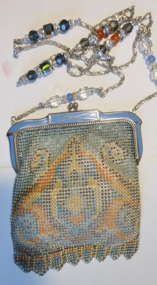 Great Art Deco Mesh Purse With Geometrics And Enamel Detail Signed Whiting Davis