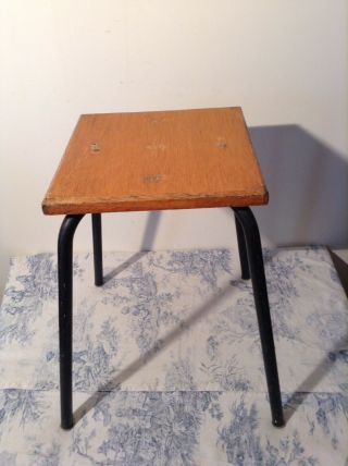 Vintage French Wooden Topped Metal Legged Stackable Stool (3412)