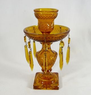 Antique Victorian Candlestick Holder Amber Lustre 2 Piece 7 1/4 Inch Cut Glass