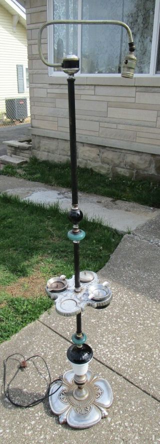 Antique Vintage Art Deco Smoke Stand Slag Glass Cast Iron Floor Lamp
