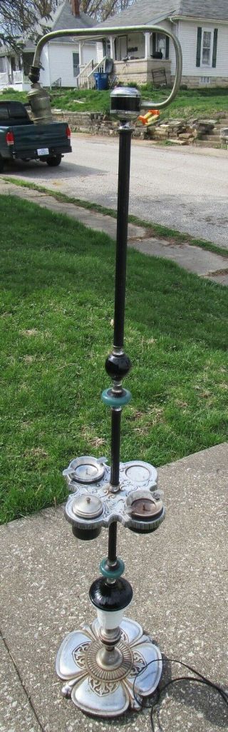 Antique Vintage Art Deco Smoke Stand Slag Glass Cast Iron Floor Lamp 3