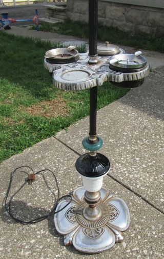 Antique Vintage Art Deco Smoke Stand Slag Glass Cast Iron Floor Lamp 4