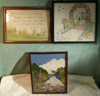 Antique Framed Silk Embroidery Religious Motto Help Lame Dogs,  Crinoline Lady X3
