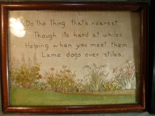 Antique Framed Silk Embroidery Religious Motto Help Lame Dogs,  Crinoline Lady x3 2