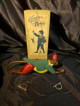 Vintage Rare Lehmann,  Climbing Monkey,  1903,  Tin,  Box,  And Makers Tag