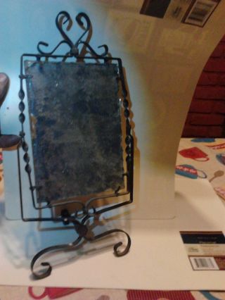 Antique Wrought Iron Frame Travel Shaving Mirror,  Scalloped Edges,  Very Old