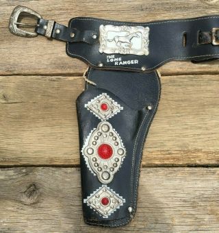 Vintage 1950 ' s Double Leather The Lone Ranger toy Cap Gun Holsters,  Belt,  Jewels 3