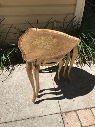 Vtg Italian Florentine 3 Nesting Tables Hollywood Regency Gold Gilt 3