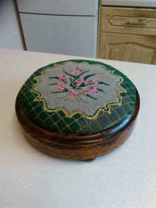 Mid Victorian Round Foot Stool With Needlework Top (1971)