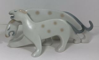 Art Deco Fine Porcelain Snow Leopard Cat Figurine Pair
